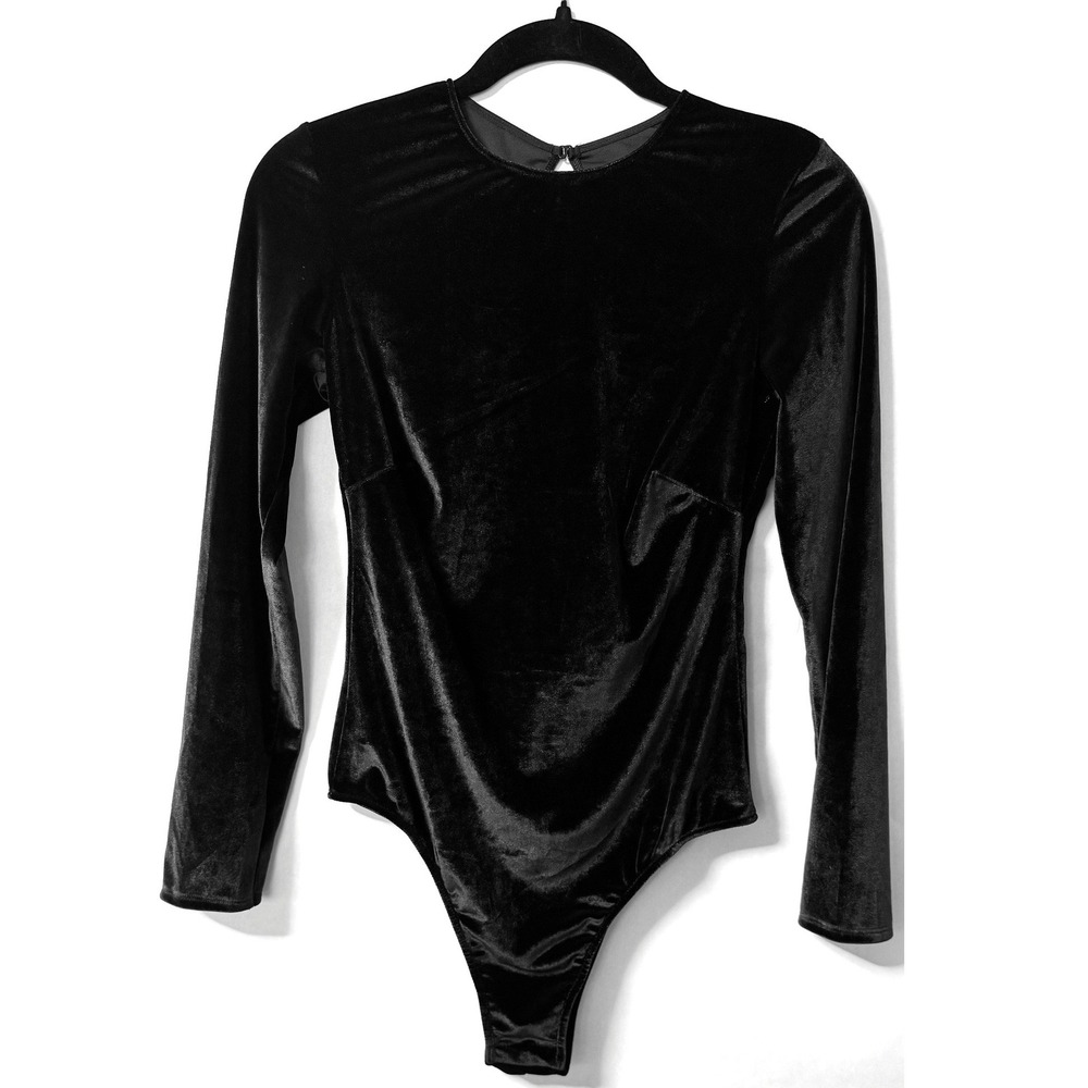 Victoria's Secret Black Velvet Long Sleeve Rhinestone Open Back Bodysuit NWT M - Picture 2 of 4